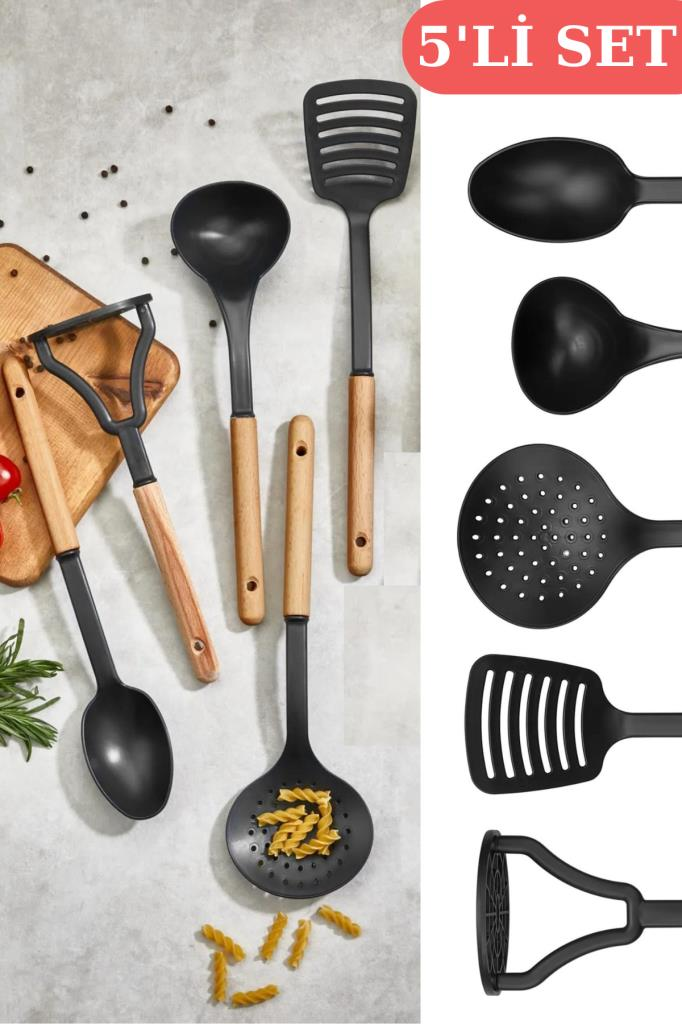 Ahşap Saplı 5’li Servis Seti, Kepçe Kaşık Kevgir Spatula Ezici Set (Yağda Kullanıma Uygun Değildir)