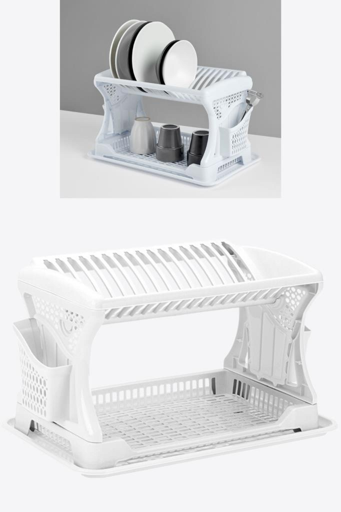 Flosoft İki Katlı Bulaşık Sepeti, Modüler Bulaşıklık Tabaklık, Bölmeli Tabak Kaşık Çatal Kurutmalık Beyaz