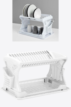 Flosoft İki Katlı Bulaşık Sepeti, Modüler Bulaşıklık Tabaklık, Bölmeli Tabak Kaşık Çatal Kurutmalık Beyaz