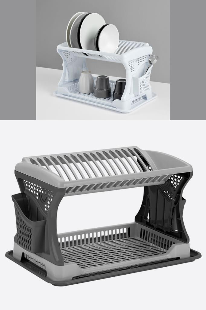 Flosoft İki Katlı Bulaşık Sepeti, Modüler Bulaşıklık Tabaklık, Bölmeli Tabak Kaşık Çatal Kurutmalık Gri