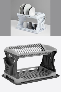Flosoft İki Katlı Bulaşık Sepeti, Modüler Bulaşıklık Tabaklık, Bölmeli Tabak Kaşık Çatal Kurutmalık Gri