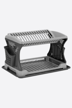 Flosoft İki Katlı Bulaşık Sepeti, Modüler Bulaşıklık Tabaklık, Bölmeli Tabak Kaşık Çatal Kurutmalık Gri