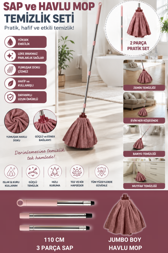 Mega Mop Sap Takımı Pembe, Mega Mikrofiber Havlu Mop + 3 Parçalı Paslanmaz Sap 110 cm 2’li Set