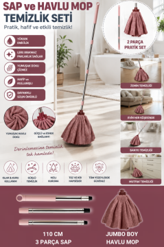 Mega Mop Sap Takımı Pembe, Mega Mikrofiber Havlu Mop + 3 Parçalı Paslanmaz Sap 110 cm 2’li Set