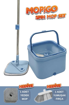 Mopigo Spin Mop Set, Mikrofiber Yer Duvar Kare Temizlik Seti + 1 Yedek Mop Bezi + Yumuşak Fırça