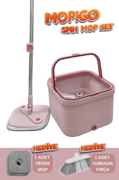 Mopigo Spin Mop Set, Mikrofiber Yer Duvar Kare Temizlik Seti + 1 Yedek Mop Bez + Yumuşak Fırça Pembe