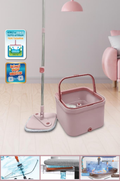 Mopigo Spin Mop Set, Mikrofiber Yer Duvar Kare Temizlik Seti + 1 Yedek Mop Bez + Yumuşak Fırça Pembe