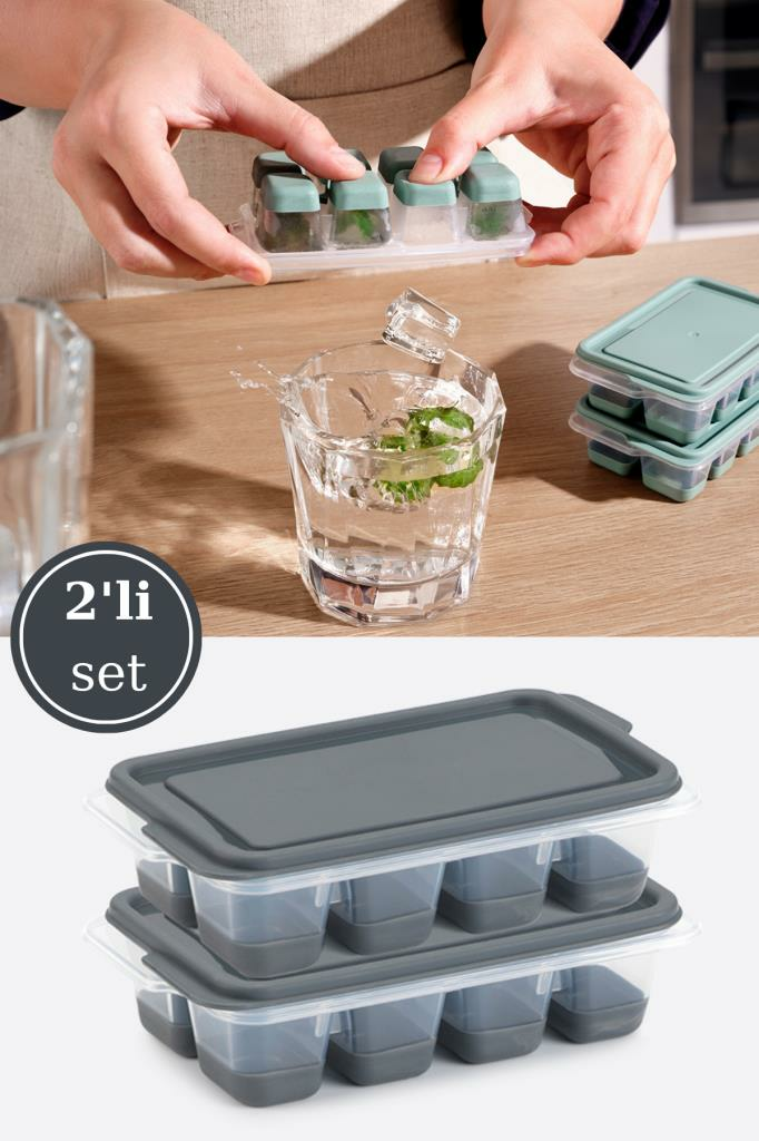 Flosoft 2’li Mini Silikon Tabanlı Kapaklı Bas Çıkar Buz Kalıbı, 8 Bölmeli Yapışmaz Buzluk 2 Adet