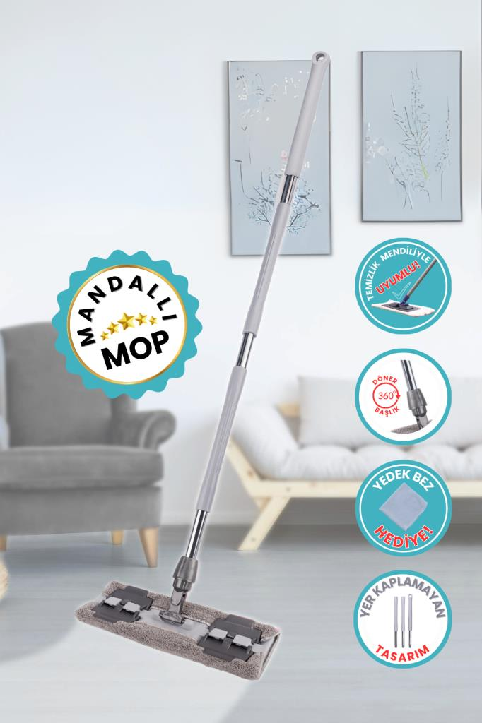Tüm Bezlere Uyumlu Mandallı Cam Silme Mopu, Yer Duvar Fayans Silme Mopu (Yedek Mikrofiber Bez Hediyeli) Gri