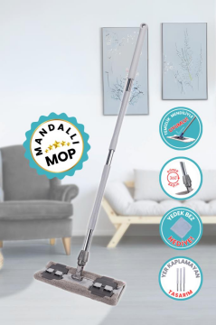 Tüm Bezlere Uyumlu Mandallı Cam Silme Mopu, Yer Duvar Fayans Silme Mopu (Yedek Mikrofiber Bez Hediyeli) Gri