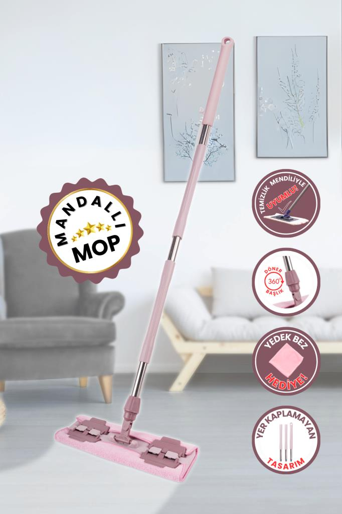 Tüm Bezlere Uyumlu Mandallı Cam Silme Mopu, Yer Duvar Fayans Silme Mopu (Yedek Mikrofiber Bez Hediyeli) Pembe