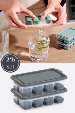 Flosoft 2’li Mini Silikon Tabanlı Kapaklı Bas Çıkar Buz Kalıbı, 8 Bölmeli Yapışmaz Buzluk 2 Adet Füme