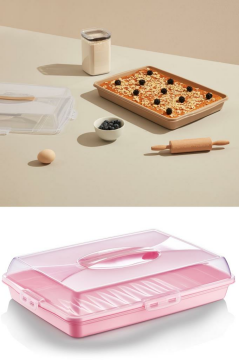 Flosoft Dikdörtgen Kek Pasta Börek Saklama Kabı, Kilitli Borcam Taşıma Kabı Büyük Boy 45cm