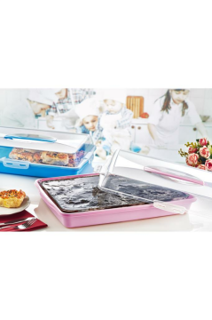 Flosoft Dikdörtgen Kek Pasta Börek Saklama Kabı, Kilitli Borcam Taşıma Kabı Büyük Boy 45cm