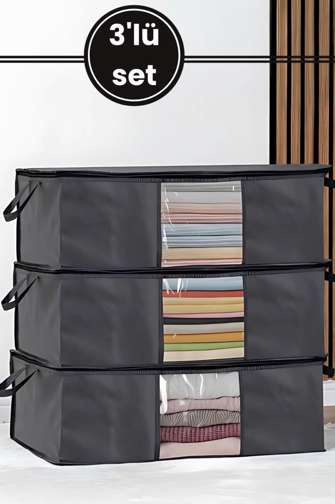 3’lü Baza Hurcu Seti Antrasit, Yatak Kanepe Altı Yastık Kıyafet Çamaşır Düzenleyici (64x45cm) 3 Adet