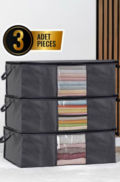 3’lü Baza Hurcu Seti Antrasit, Yatak Kanepe Altı Yastık Kıyafet Çamaşır Düzenleyici (64x45cm) 3 Adet