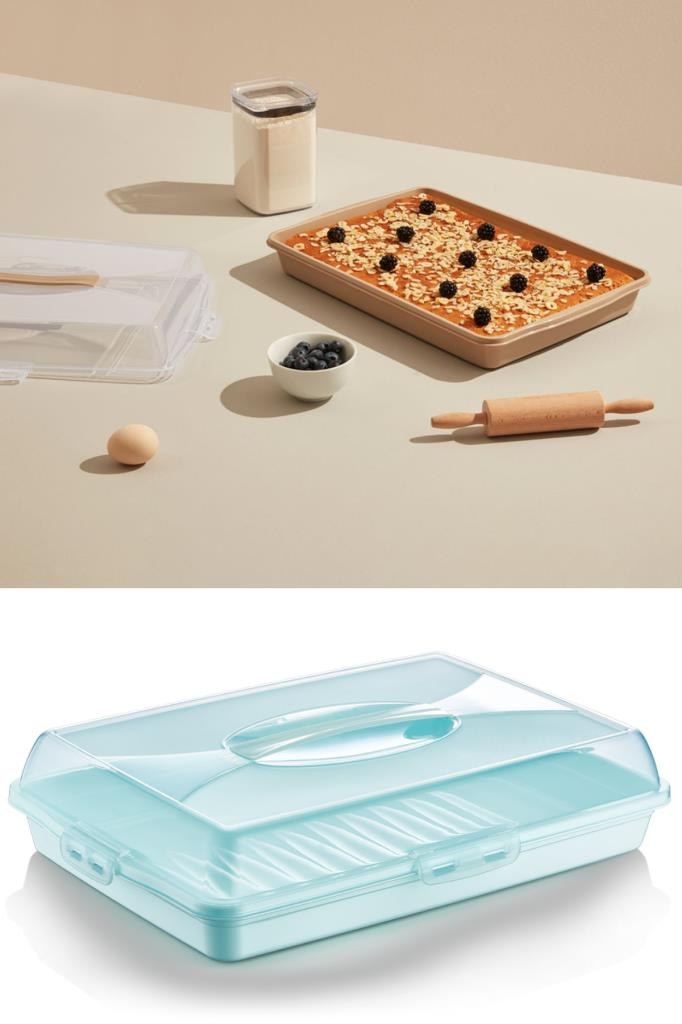 Flosoft Dikdörtgen Kek Pasta Börek Saklama Kabı, Kilitli Borcam Taşıma Kabı Büyük Boy 45cm Yeşil