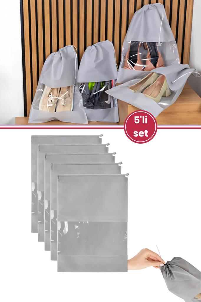 5’li Ayakkabı Hurcu Seti, Büzgülü Pencereli Valiz İçi Ayakkabı Taşıma Çantası Seyahat Düzenleyici