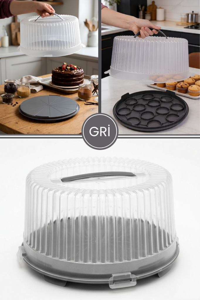 Büyük Boy Pasta Kek Muffin Saklama Taşıma Kabı; Çift Taraf Tabanlı Kilitli Kek Fanusu 34x16cm Gri