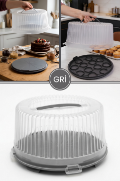 Büyük Boy Pasta Kek Muffin Saklama Taşıma Kabı; Çift Taraf Tabanlı Kilitli Kek Fanusu 34x16cm Gri