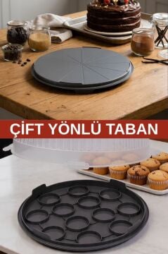 Büyük Boy Pasta Kek Muffin Saklama Taşıma Kabı; Çift Taraf Tabanlı Kilitli Kek Fanusu 34x16cm Gri