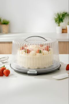 Büyük Boy Pasta Kek Muffin Saklama Taşıma Kabı; Çift Taraf Tabanlı Kilitli Kek Fanusu 34x16cm Gri