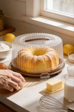 Büyük Boy Pasta Kek Muffin Saklama Taşıma Kabı; Çift Taraf Tabanlı Kilitli Kek Fanusu 34x16cm Gri