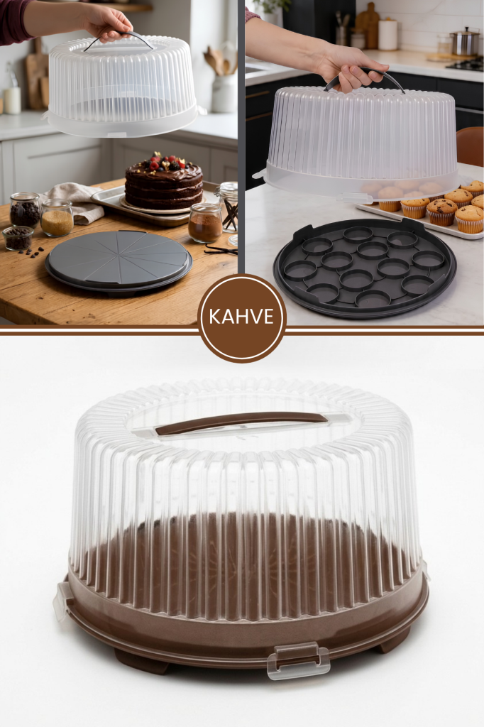 Büyük Boy Pasta Kek Muffin Saklama Taşıma Kabı; Çift Taraf Tabanlı Kilitli Kek Fanusu 34x16cm Kahve