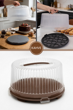 Büyük Boy Pasta Kek Muffin Saklama Taşıma Kabı; Çift Taraf Tabanlı Kilitli Kek Fanusu 34x16cm Kahve