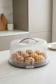 Büyük Boy Pasta Kek Muffin Saklama Taşıma Kabı; Çift Taraf Tabanlı Kilitli Kek Fanusu 34x16cm Kahve
