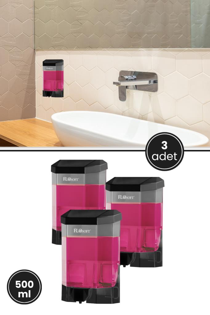 3 Adet Duvara Monte Siyah Sıvı Sabunluk F032S, Banyo Duş Şampuan Dezenfektan Sabun Dispanseri 500 ml