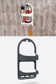 Flosoft 2 Raflı Şampuanlık, Asılabilir Vantuzlu Banyo Duş Şampuan Sabun Kozmetik Düzenleyici Beyaz Füme