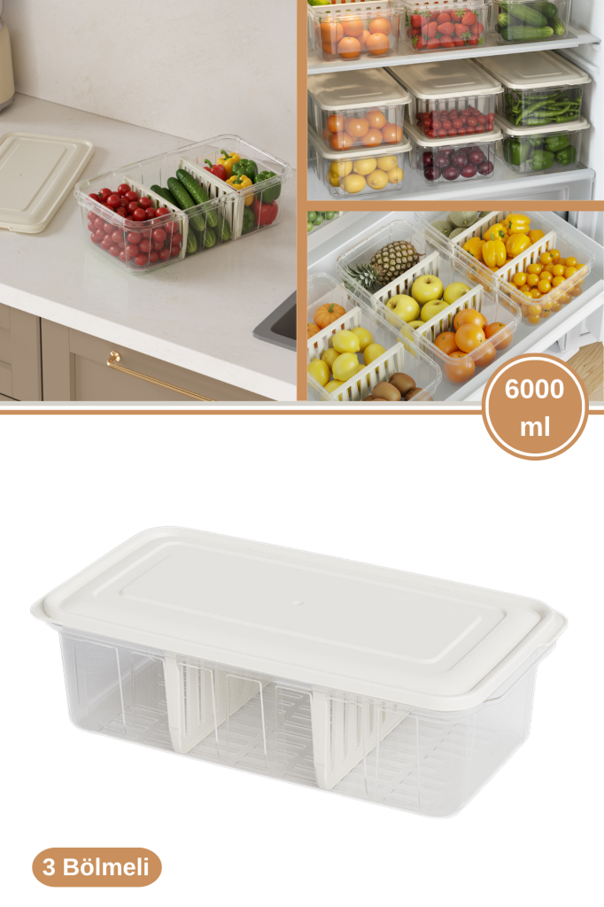 Flora 3 Bölmeli Kapaklı Organizer 6 litre, Büyük Boy Sebze Meyve Düzenleyici Buzdolabı Saklama Kabı
