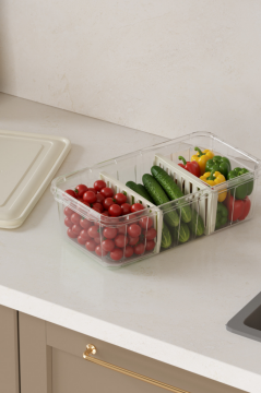 Flora 3 Bölmeli Kapaklı Organizer 6 litre, Büyük Boy Sebze Meyve Düzenleyici Buzdolabı Saklama Kabı