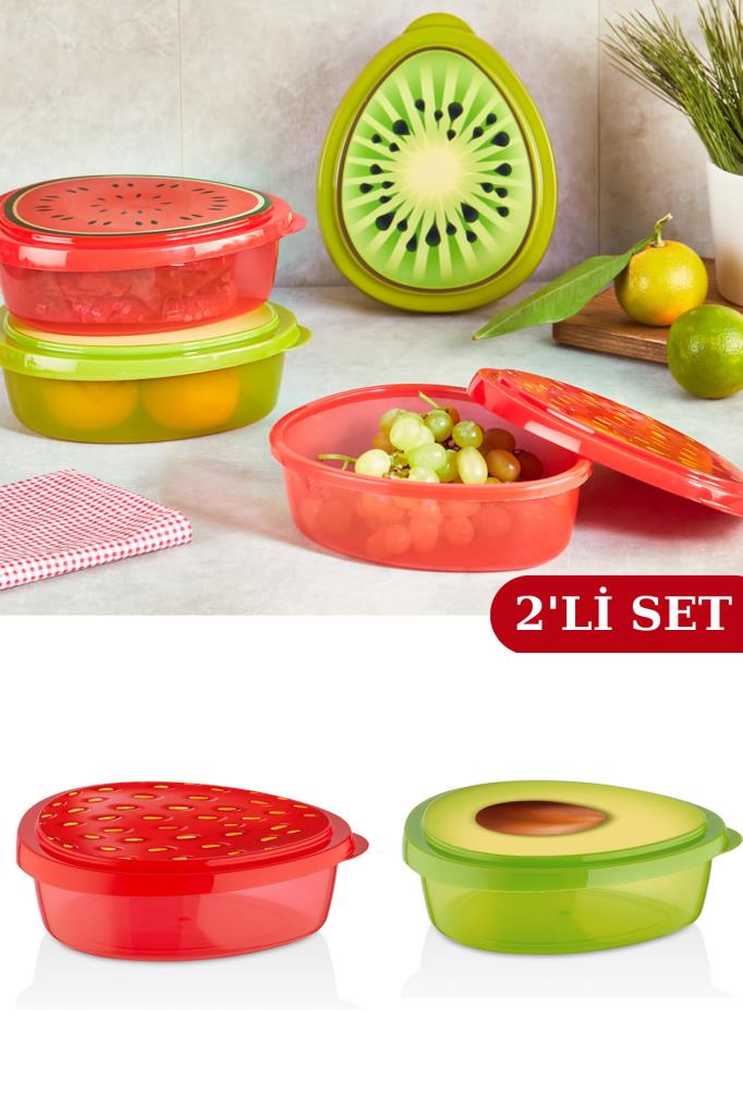 Flosoft Meyve Desenli Saklama Kabı, Kahvaltılık Kuruyemiş Kurabiye Börek Saklama Kutusu 2 ADET 800ml