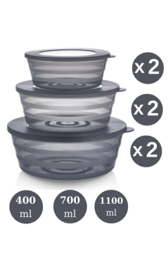 6 Adet Kapaklı Füme Saklama Kabı, Kase Çerezlik Kahvaltılık 3 Boy 6’lı Set 2x(400ml,700ml,1100ml)