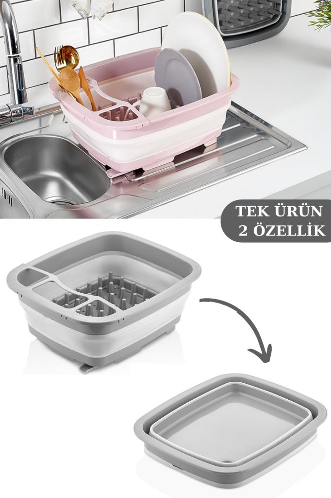 Flosoft Katlanabilir Bulaşıklık & Badya, Akordiyon Kaşıklık Bölmeli Tabaklık Kurutmalık Badya 1 ADET Gri