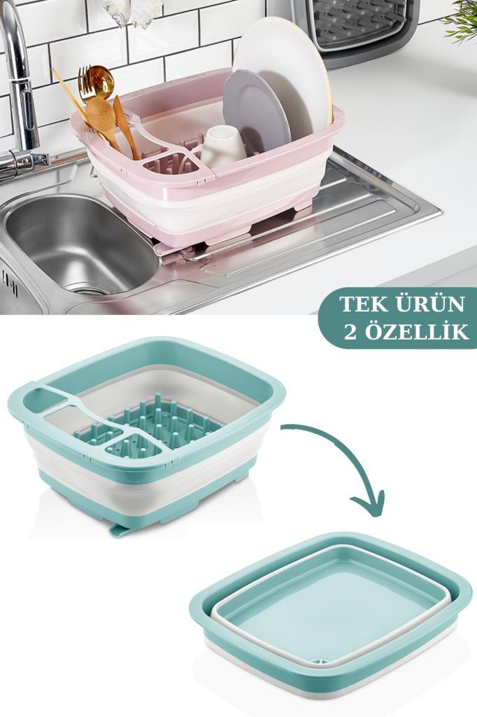 Flosoft Katlanabilir Bulaşıklık & Badya, Akordiyon Kaşıklık Bölmeli Tabaklık Kurutmalık Badya 1 ADET Yeşil