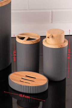 Bambu Desenli Modern 5'li Banyo Seti Çizgili Gri