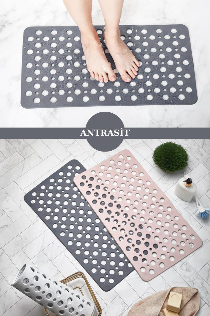 Vantuzlu Banyo ve Duş Kaydırmazı Dikdörtgen, Duşakabin Küvet İçi Kaydırmaz Vantuzlu Banyo Paspası Füme