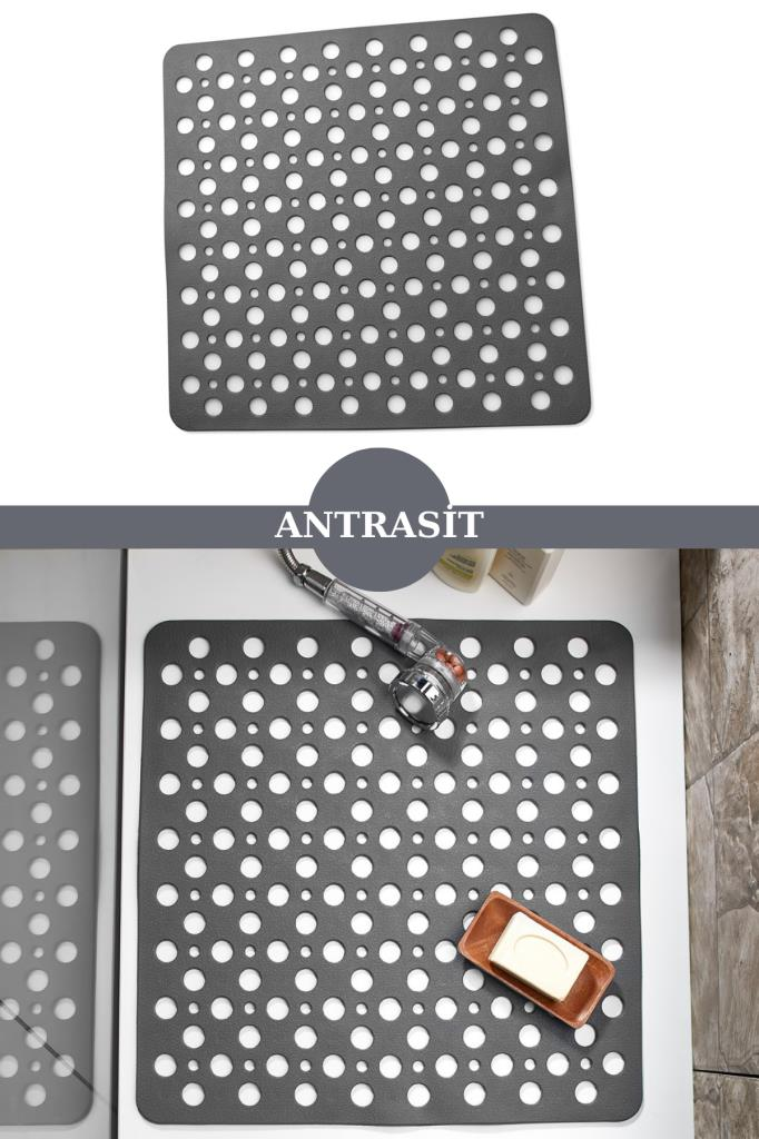 Kare Vantuzlu Banyo ve Duş Kaydırmazı, Küvet İçi Duşakabin Kaydırmaz Vantuzlu Banyo Paspası 54x54cm Füme