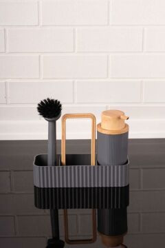 Bambu Desenli Fırçalı ve Sünger Hazneli Sıvı Sabunluk, Standlı Mutfak Banyo Deterjanlığı