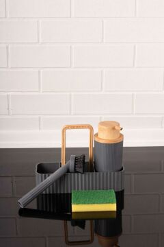 Bambu Desenli Fırçalı ve Sünger Hazneli Sıvı Sabunluk, Standlı Mutfak Banyo Deterjanlığı