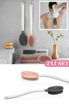 2 Adet Uzun Saplı Vücut Masaj Fırçası, Çift Taraflı Sırt Kese Duş Masaj Fırça 2’li Set FÜME+PEMBE