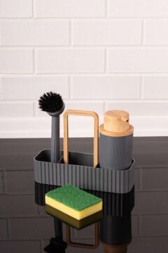 Bambu Desenli Fırçalı ve Sünger Hazneli Sıvı Sabunluk, Standlı Mutfak Banyo Deterjanlığı Gri