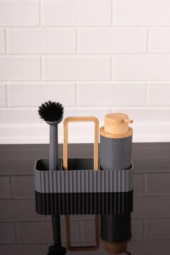 Bambu Desenli Fırçalı ve Sünger Hazneli Sıvı Sabunluk, Standlı Mutfak Banyo Deterjanlığı Gri