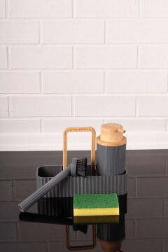 Bambu Desenli Fırçalı ve Sünger Hazneli Sıvı Sabunluk, Standlı Mutfak Banyo Deterjanlığı Gri