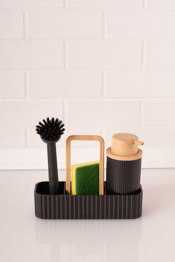 Bambu Desenli Fırçalı ve Sünger Hazneli Sıvı Sabunluk, Standlı Mutfak Banyo Deterjanlığı Siyah