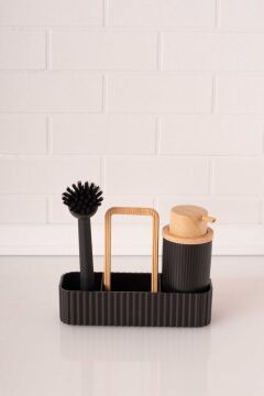 Bambu Desenli Fırçalı ve Sünger Hazneli Sıvı Sabunluk, Standlı Mutfak Banyo Deterjanlığı Siyah