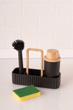 Bambu Desenli Fırçalı ve Sünger Hazneli Sıvı Sabunluk, Standlı Mutfak Banyo Deterjanlığı Siyah